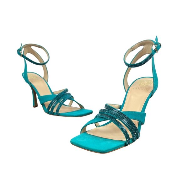 Vince Camuto Women’s Evening Jade Blue Suede Brevern Strappy Heels Sz 10M - New - Picture 1 of 10